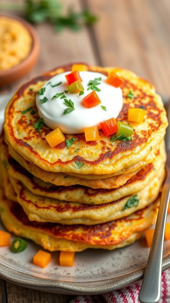 Savory Vegetable Pancakes Recipe Savory vegetable pancakes topped with yogurt and herbs on a rustic plate.